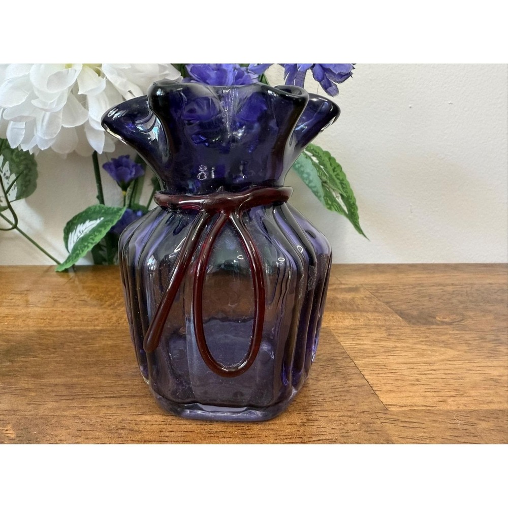 Vintage Amethyst Purple‎ Glass Vase Applied Red Ribbon Ruffled Rim